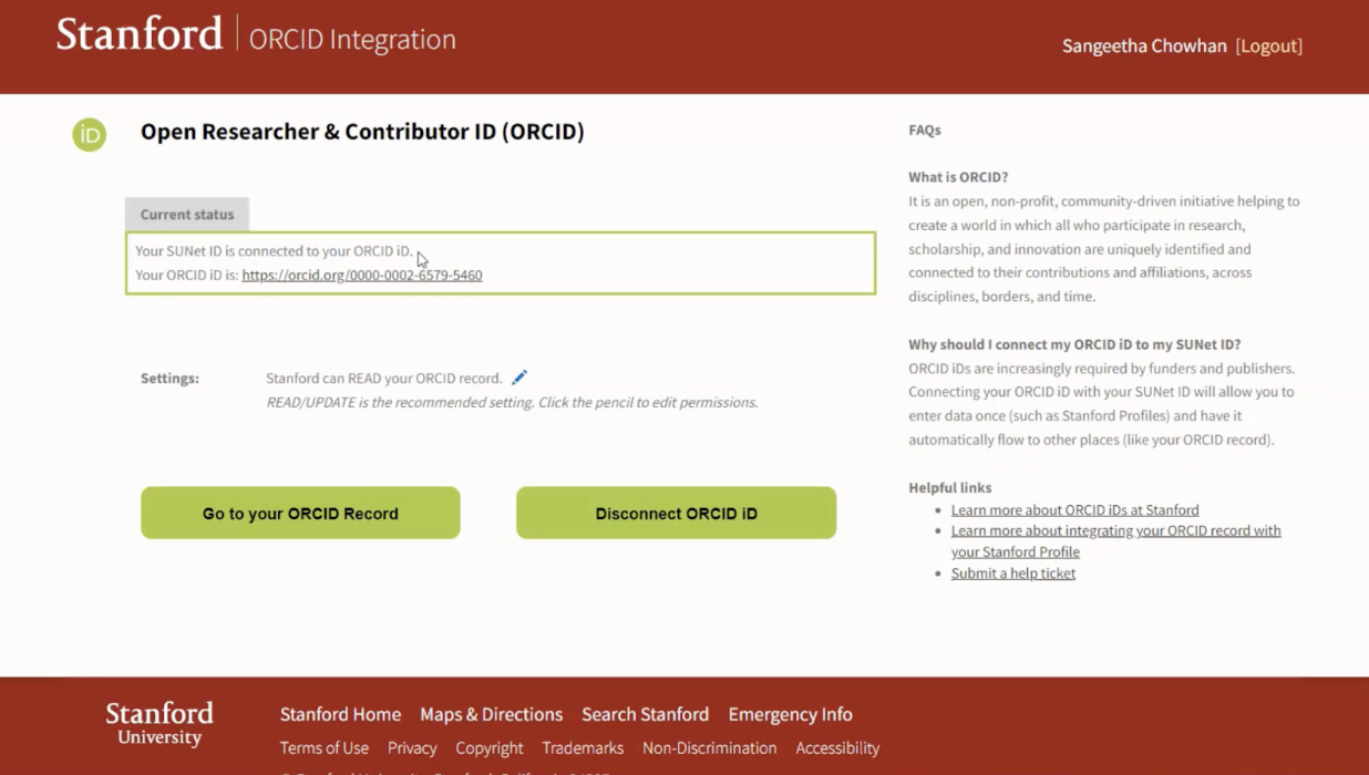Stanford ORCID Integration screenshot of prompts to connect SUNet iD with ORCID iD